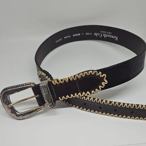 Kenneth Cole Brown Leather Belt with Cream Whipstitch, Western